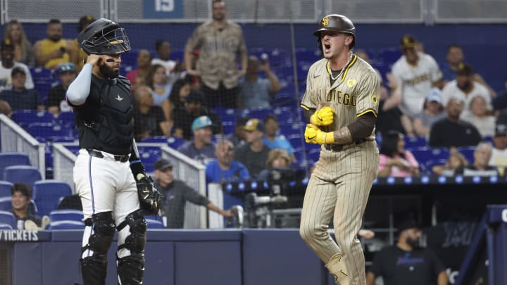 San Diego Padres center fielder Jackson Merrill (3) celebrates his home run in front of Miami Marlins catcher Ali Sanchez (47) in the ninth inning at loanDepot Park on Aug 9.