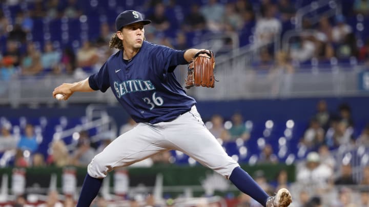  Seattle Mariners starting pitcher Logan Gilbert (36) pitches against the Miami Marlins in the first inning at loanDepot Park on June 22.