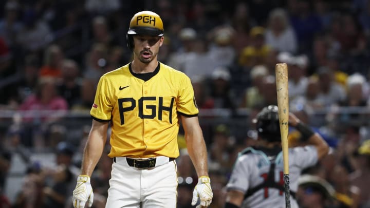 Aug 2, 2024; Pittsburgh, Pennsylvania, USA;  Pittsburgh Pirates left fielder Bryan Reynolds (10) reacts after striking out to end the eighth inning against the Arizona Diamondbacks at PNC Park. Arizona won 9-8. Mandatory Credit: Charles LeClaire-USA TODAY Sports