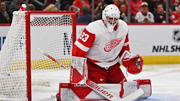 Oct 1, 2022; Chicago, Illinois, USA;  Detroit Red Wings goaltender Sebastian Cossa (33) defends the net against the Chicago Blackhawks at United Center. Mandatory Credit: Jamie Sabau-Imagn Images