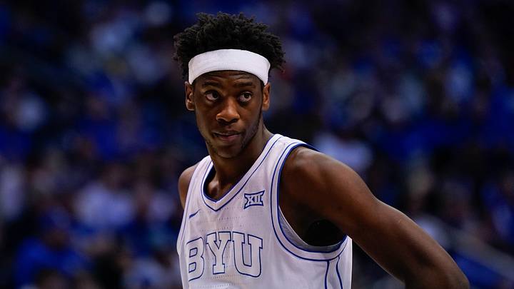 Feb 7, 2026; Provo, Utah, USA; BYU Cougars forward AJ Dybantsa (3) looks on during the first half against the Houston Cougars at Marriott Center. Mandatory Credit: Aaron Baker-Imagn Images