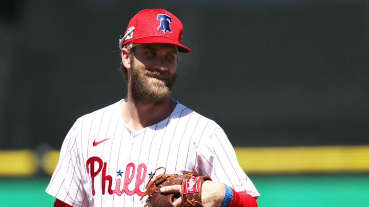 Mar 19, 2025; Clearwater, Florida, USA;  Philadelphia Phillies first base Bryce Harper (3) looks on during the sixth inning against the New York Yankees  at BayCare Ballpark.