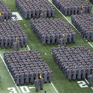 Dec 9, 2023; Foxborough, Massachusetts, USA; The United States Corps of Cadets from the U.S. Military Academy at West Point march on to the field before the Army-Navy Game at Gillette Stadium. 