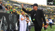 Sep 7, 2019; Eugene, OR, USA; Nike cofounder and current chairman Phil Knight waves to fans before Oregon Ducks play Nevada Wolf Pack at Autzen Stadium. Mandatory Credit: Jaime Valdez-USA TODAY Sports