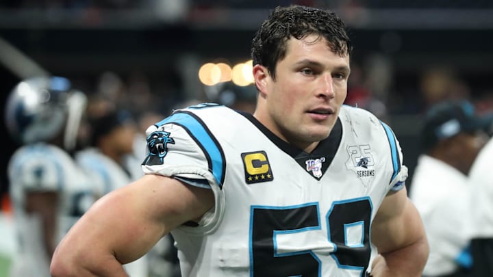Carolina Panthers middle linebacker Luke Kuechly reacts after a play in the fourth quarter against the Atlanta Falcons. Carolina Panthers middle linebacker Luke Kuechly reacts after a play in the fourth quarter against the Atlanta Falcons.