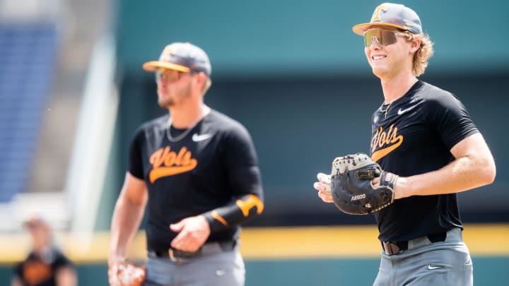Tennessee's Blake Grimmer (36) smiles during practice before the NCAA College World Series finals at Charles Schwab Field in Omaha, Neb., on Friday, June 21, 2024.