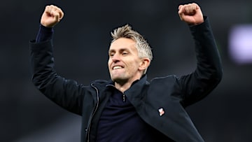 Kieran McKenna celebrating Ipswich's win over Tottenham