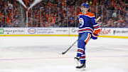 Apr 25, 2025; Edmonton, Alberta, CAN; Edmonton Oilers defensemen Evan Bouchard (2) celebrates after scoring a goal against the Los Angelos Kings in game three of the first round of the 2025 Stanley Cup Playoffs at Rogers Place. Mandatory Credit: Perry Nelson-Imagn Images