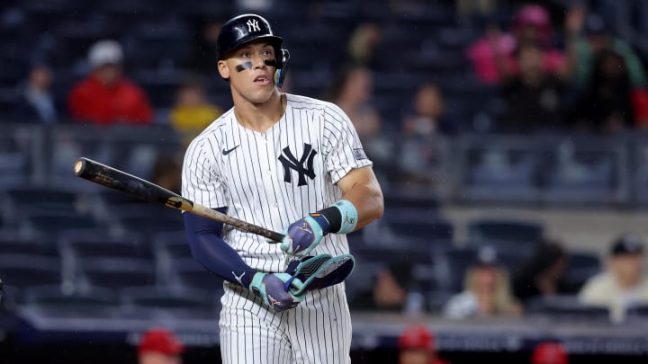 Aug 7, 2024; Bronx, New York, USA; New York Yankees center fielder Aaron Judge (99) reacts after drawing a walk against the Los Angeles Angels during the seventh inning at Yankee Stadium. Mandatory Credit: Brad Penner-USA TODAY Sports