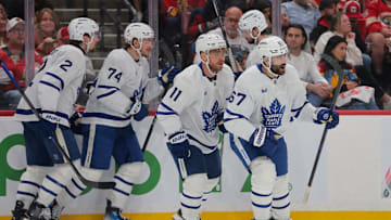 May 16, 2025; Sunrise, Florida, USA; Toronto Maple Leafs left wing Max Pacioretty (67) celebrates with teammates after scoring against the Florida Panthers during the third period in game six of the second round of the 2025 Stanley Cup Playoffs at Amerant Bank Arena. Mandatory Credit: Sam Navarro-Imagn Images