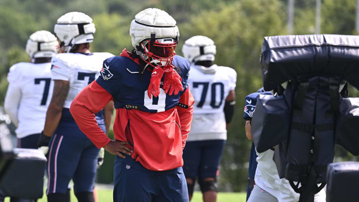 Aug 03, 2024; Foxborough, MA, USA; New England Patriots linebacker Matthew Judon (9) waits to do a drill during training camp at Gillette Stadium. Mandatory Credit: Eric Canha-USA TODAY Sports