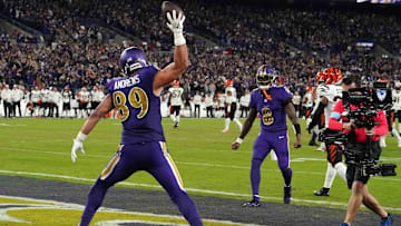 Nov 7, 2024; Baltimore, Maryland, USA; Baltimore Ravens tight end Mark Andrews (89) reacts following his fourth quarter touchdown catch against the Cincinnati Bengals at M&T Bank Stadium. Mandatory Credit: Mitch Stringer-Imagn Images