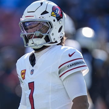 Dec 22, 2024; Charlotte, North Carolina, USA; Arizona Cardinals quarterback Kyler Murray (1) walks off the field after a fumbled handoff against the Carolina Panthers during the second quarter at Bank of America Stadium. Mandatory Credit: Jim Dedmon-Imagn Images