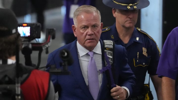 Sep 1, 2024; Paradise, Nevada, USA; LSU Tigers coach Brian Kelly arrives before the game against the Southern California Trojans  at Allegiant Stadium.