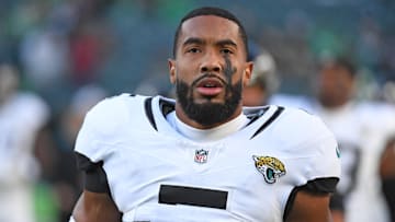 Nov 3, 2024; Philadelphia, Pennsylvania, USA; Jacksonville Jaguars safety Andre Cisco (5) against the Philadelphia Eagles at Lincoln Financial Field. Mandatory Credit: Eric Hartline-Imagn Images