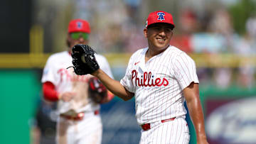 Mar 4, 2025; Clearwater, Florida, USA; Philadelphia Phillies pitcher Ranger Suarez (55) races after a play against the New York Yankees in the fifth inning during spring training at BayCare Ballpark.