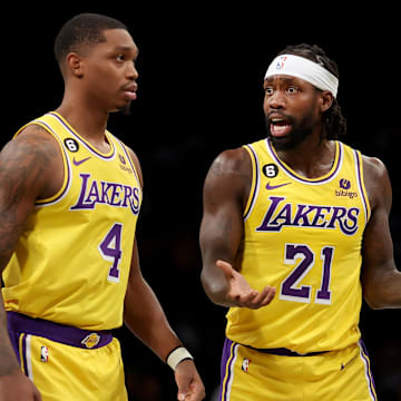 Jan 30, 2023; Brooklyn, New York, USA; Los Angeles Lakers guard Patrick Beverley (21) reacts after receiving a technical foul during the first quarter against the Brooklyn Nets at Barclays Center. Mandatory Credit: Brad Penner-Imagn Images