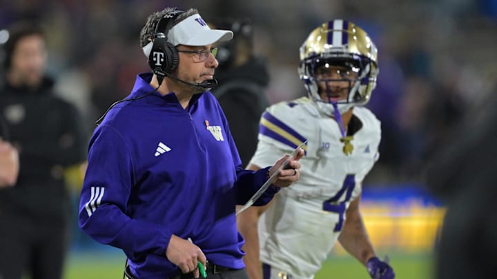 Nov 22, 2025; Pasadena, California, USA;  Washington Huskies head coach Jedd Fisch during the game against the UCLA Bruins at the Rose Bowl. Mandatory Credit: Jayne Kamin-Oncea-Imagn Images