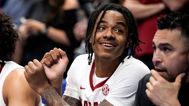 Alabama guard Labaron Philon (0) reacts on the bench late in the second half of their Southeastern Conference tournament quarterfinal victory against Kentucky at Bridgestone Arena in Nashville, Tenn., Friday, March 14, 2025.