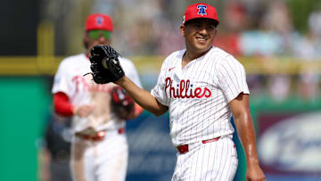 Philadelphia Phillies pitcher Ranger Suarez (55) races after a play against the New York Yankees in the fifth inning during spring training at BayCare Ballpark.