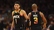 Apr 18, 2023; Phoenix, Arizona, USA; Phoenix Suns guard Devin Booker (1) and Chris Paul (3) against the Los Angeles Clippers during game two of the 2023 NBA playoffs at Footprint Center. Mandatory Credit: Mark J. Rebilas-Imagn Images
