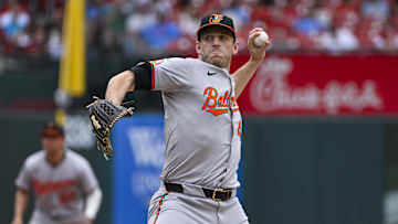 May 22, 2024; St. Louis, Missouri, USA;  Baltimore Orioles starting pitcher John Means (47) pitches against the St. Louis Cardinals at Busch Stadium. Mandatory Credit: Jeff Curry-Imagn Images