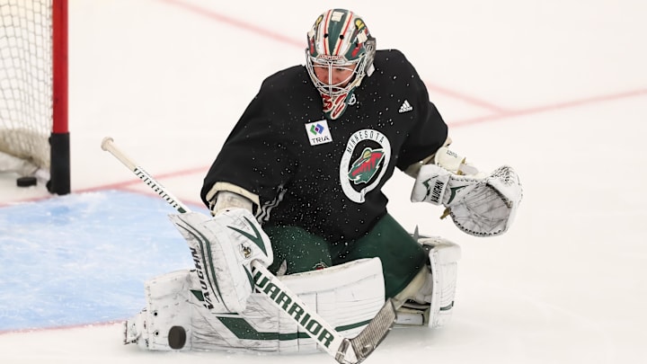 Jul 15, 2020; St. Paul, Minnesota, USA; Minnesota Wild goaltender Alex Stalock (32) makes a save during a NHL workout at TRIA Rink. Mandatory Credit: David Berding-Imagn Images