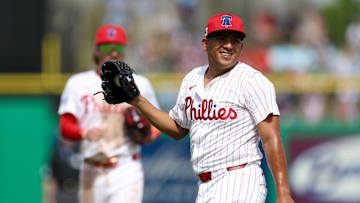 Mar 4, 2025; Clearwater, Florida, USA; Philadelphia Phillies pitcher Ranger Suarez (55) races after a play against the New York Yankees in the fifth inning during spring training at BayCare Ballpark.