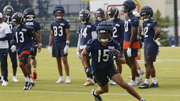 Jul 24, 2025; Lake Forest, IL, USA; Chicago Bears wide receiver Rome Odunze (15) runs with the ball during training camp at Halas Hall. Mandatory Credit: Kamil Krzaczynski-Imagn Images