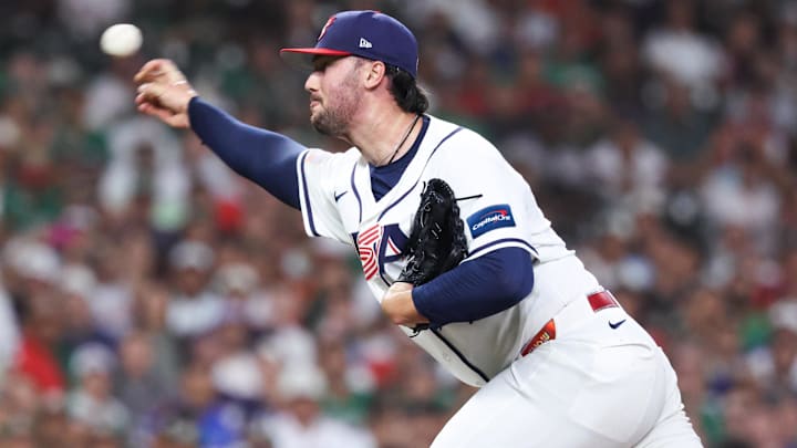 Mar 9, 2026; Houston, TX, United States; United States pitcher Paul Skenes (30) delivers a pitch in the first inning against Mexico at Daikin Park. Mandatory Credit: Troy Taormina-Imagn Images