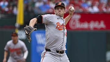 May 22, 2024; St. Louis, Missouri, USA;  Baltimore Orioles starting pitcher John Means (47) pitches against the St. Louis Cardinals at Busch Stadium. Mandatory Credit: Jeff Curry-Imagn Images