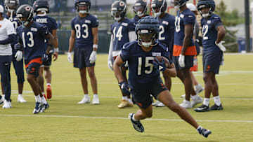 Jul 24, 2025; Lake Forest, IL, USA; Chicago Bears wide receiver Rome Odunze (15) runs with the ball during training camp at Halas Hall. Mandatory Credit: Kamil Krzaczynski-Imagn Images