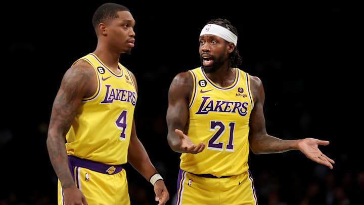 Jan 30, 2023; Brooklyn, New York, USA; Los Angeles Lakers guard Patrick Beverley (21) reacts after receiving a technical foul during the first quarter against the Brooklyn Nets at Barclays Center. Mandatory Credit: Brad Penner-Imagn Images