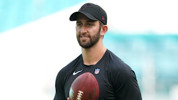 Oct 24, 2021; Miami Gardens, Florida, USA; Atlanta Falcons quarterback Josh Rosen (16) walks on the field prior to the game against the Miami Dolphins at Hard Rock Stadium. Mandatory Credit: Jasen Vinlove-Imagn Images