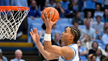 Mar 8, 2025; Chapel Hill, North Carolina, USA; North Carolina Tar Heels guard Seth Trimble (7) shoots in the second half at Dean E. Smith Center. Mandatory Credit: Bob Donnan-Imagn Images