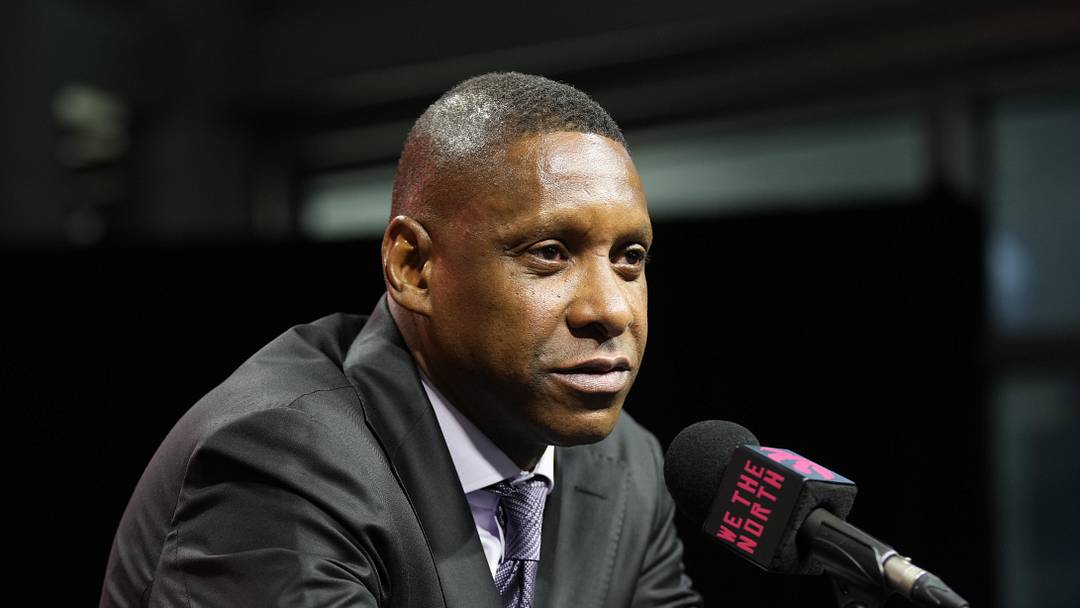 Sep 30, 2024; Toronto, Ontario, Canada; Toronto Raptors Vice-Chairman and Team President Masai Ujiri speaks to the media during media day at Scotiabank Area. Mandatory Credit: John E. Sokolowski-Imagn Images