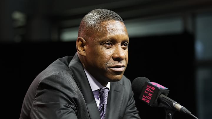 Sep 30, 2024; Toronto, Ontario, Canada; Toronto Raptors Vice-Chairman and Team President Masai Ujiri speaks to the media during media day at Scotiabank Area. Mandatory Credit: John E. Sokolowski-Imagn Images