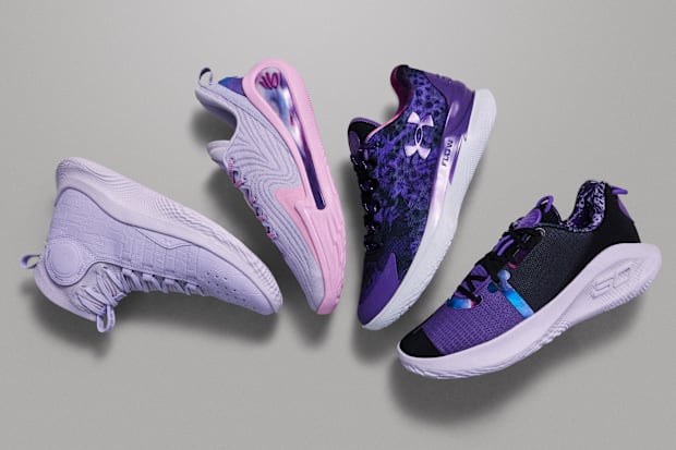 Four of Stephen Curry's purple Under Armour sneakers.