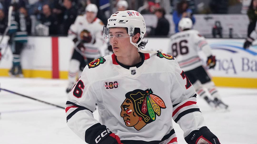 Apr 6, 2026; San Jose, California, USA;  Chicago Blackhawks left winger Nick Lardis (76) warms up before the game against the San Jose Sharks at SAP Center at San Jose. Mandatory Credit: David Gonzales-Imagn Images