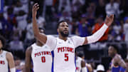 May 1, 2025; Detroit, Michigan, USA; Detroit Pistons guard Malik Beasley (5) fires up the crowd in the first half against the New York Knicks during game six of first round for the 2024 NBA Playoffs at Little Caesars Arena. Mandatory Credit: Rick Osentoski-Imagn Images