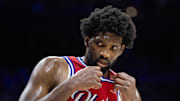 Apr 28, 2024; Philadelphia, Pennsylvania, USA; Philadelphia 76ers center Joel Embiid (21) looks on during a break in action in the second half against the New York Knicks in game four of the first round in the 2024 NBA playoffs at Wells Fargo Center. Mandatory Credit: Bill Streicher-Imagn Images