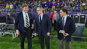 Green Bay Packers president Mark Murphy, left, talks with executive vice president/ director of football operations Russ Ball and chief operating officer and general counsel Ed Policy, right, listens to before their game against the Minnesota Vikings Monday, December 23, 2019 at US Bank Stadium in Minneapolis, Minn.