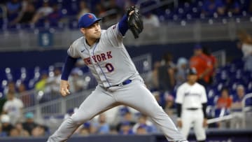 Sep 18, 2023; Miami, Florida, USA; New York Mets relief pitcher Adam Ottavino (0) pitches against the Miami Marlins during the ninth inning at loanDepot Park. Mandatory Credit: Rhona Wise-USA TODAY Sports