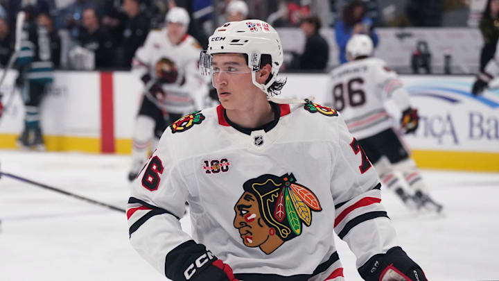 Apr 6, 2026; San Jose, California, USA;  Chicago Blackhawks left winger Nick Lardis (76) warms up before the game against the San Jose Sharks at SAP Center at San Jose. Mandatory Credit: David Gonzales-Imagn Images