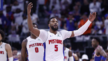 Detroit Pistons guard Malik Beasley fires up the crowd in the first half against the New York Knicks.