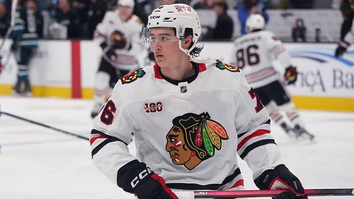 Apr 6, 2026; San Jose, California, USA;  Chicago Blackhawks left winger Nick Lardis (76) warms up before the game against the San Jose Sharks at SAP Center at San Jose. Mandatory Credit: David Gonzales-Imagn Images