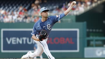 Aug 15, 2025; Washington, District of Columbia, USA; Washington Nationals starting pitcher MacKenzie Gore (1) pitches against the Philadelphia Phillies during the first inning at Nationals Park. 