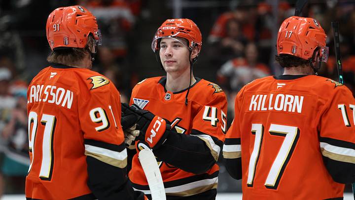 Apr 24, 2026; Anaheim, California, USA;  Anaheim Ducks right wing Beckett Sennecke (45) celebrates a win with center Leo Carlsson (91) after defeating the Edmonton Oilers 7-4 in game three of the first round of the 2026 Stanley Cup Playoffs at Honda Center. Mandatory Credit: Kiyoshi Mio-Imagn Images