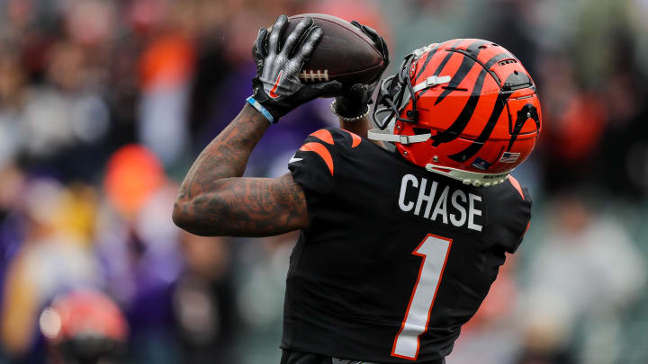 Dec 16, 2023; Cincinnati, Ohio, USA; Cincinnati Bengals wide receiver Ja'Marr Chase (1) catches a pass during warmups before the game against the Minnesota Vikings at Paycor Stadium. Mandatory Credit: Katie Stratman-USA TODAY Sports