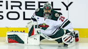 Apr 11, 2025; Calgary, Alberta, CAN; Minnesota Wild goaltender Marc-Andre Fleury (29) during the warmup period against the Calgary Flames at Scotiabank Saddledome. Mandatory Credit: Sergei Belski-Imagn Images
